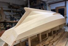 This Feinspiel Vendia boat is made from their proprietary Nordic pine plywood planks. The planks are made from sliced veneer so it looks like solid wood, but is actually ply. (Photo courtesy of Vendia)