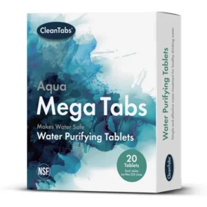 The Clean Tabs Aqua Mega Tabs come in packs of 20 tabs. Each tab purifies 225 litres of water.