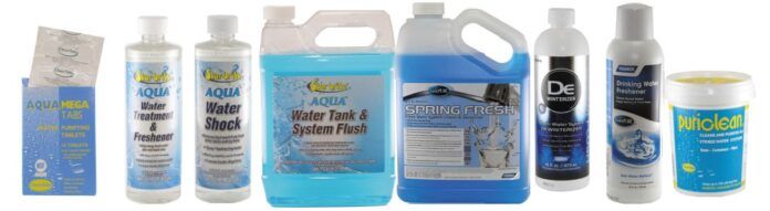 The stable residual and low aluminum corrosion rates make Clean Tabs Puriclean (far right) the PS Best Choice among tank sanitizing chemicals. Our Best Choice among tank freshening and disinfection chemicals are the Mega Tabs (far left).