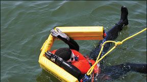 The Lifesling has become the go-to for making contact and then recovering a person in the water. Getting into the Lifesling while wearing a PFD is not so easy. It is even harder with the inflatable Lifesling.