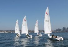 Half of the Challenged Sailors San Diego Martin 16 fleet on the San Diego Bay. (Photo/ Steven Vitela)