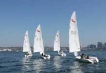 Half of the Challenged Sailors San Diego Martin 16 fleet on the San Diego Bay. (Photo/ Steven Vitela)