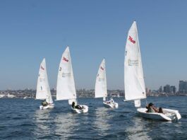 Half of the Challenged Sailors San Diego Martin 16 fleet on the San Diego Bay. (Photo/ Steven Vitela)