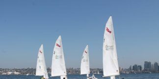 Half of the Challenged Sailors San Diego Martin 16 fleet on the San Diego Bay. (Photo/ Steven Vitela)