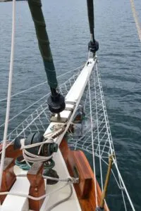 Make sure to remember that the hull length is only 28 ft. on paper. There's an extra 10 ft. of bowsprit and boomkin that provides much needed sail set flexibility for blue water voyages. (Photo/ Bert Vermeer)