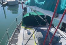 A helpful view of the jackline leading around the dodger to a hard point on top of the coach roof, and from there forward to the base of the mast.