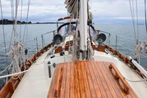 The 10-ft. beam introduces a degree of initial heel under sail, but the weighted keel keeps Pixie steady. (Photo/ Bert Vermeer)