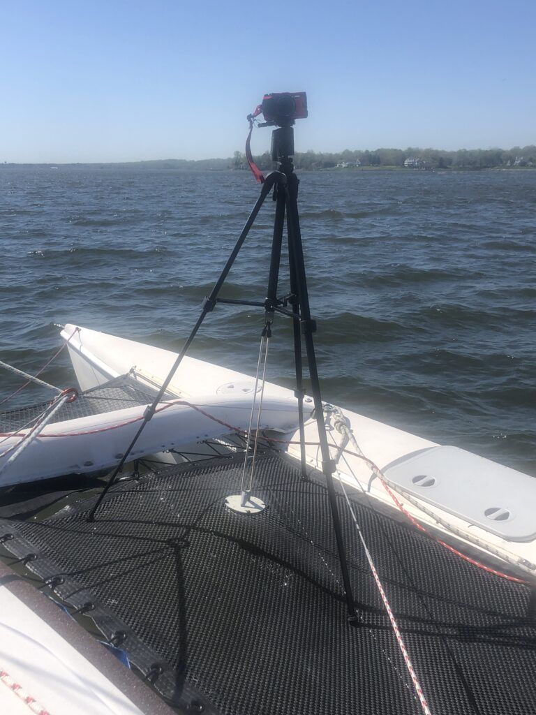 Tripod secured on the trampoline using a bungee cord and hard point. We used the ¼-in. bolt to secure an eye. (Photo/ Drew Frye)