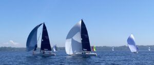 Asymmetric spinnakers deployed in a 2024 race. These sails are best for broad reaching and higher angles, as compared to symmetrical spinnakers which can fly dead downwind. (Photo/ Nick Van Antwerp)