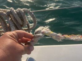 The three-strand nylon anchor rode was likely severed by a submerged metal object 30 feet from the boat. While Alex had 20 feet of chain attached to the 50 feet of nylon rode, it wasn't enough chain to battle the submerged object. (Photo/ Alex Jasper)