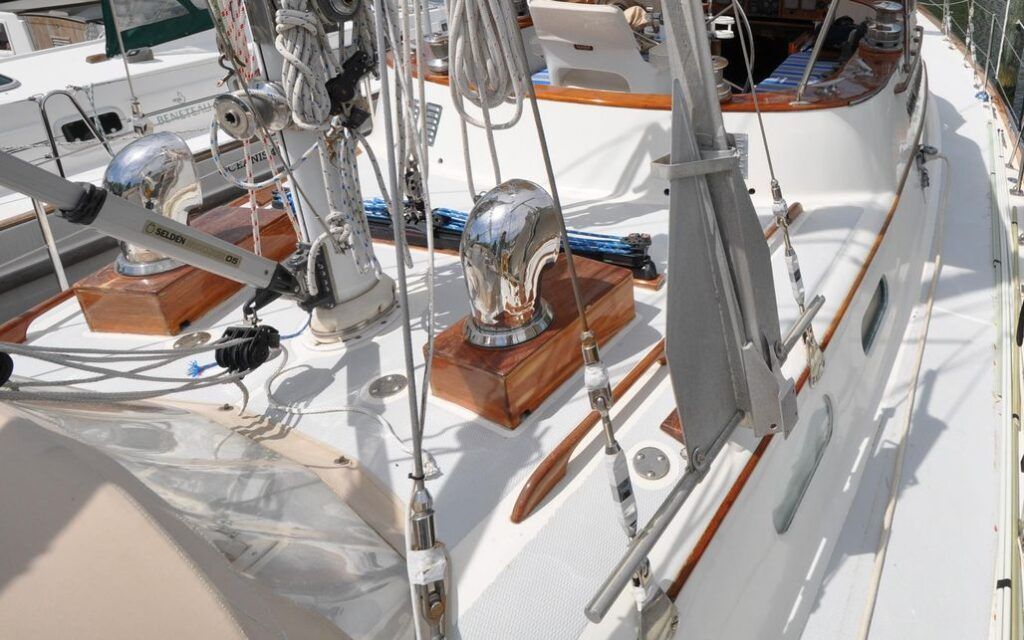 Brightwork is on display across the Hinckley 49's deck. If you enjoy the maintenance, this boat's thirst for sanding and varnish will keep you occupied. Photo courtesy of Yacht World. 