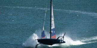 America's Cup sailboats have progressed from deep-keel monohull J-class Yachts, to regal Twelve Meters, to rambunctious wing-sailed catamarans. The rule now restricts boats to a single hull, but allows retractable, hydraulically actuated foils. Top speeds of 40 knots are common. (Photo/Shutterstock)