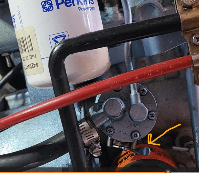 This is the faulty diesel lift pump, the arrow is pointing to the sluggish primer lever. That is an issue because the fuel lift pump needs to provide the right amount of fuel and fuel pressure to the injector pump. (Photo/ Marc Robic)