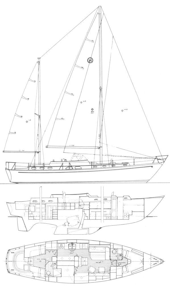 Notice how the bronze centerboard can be lowered to improve upwind performance. It also features an override so the centerboard will rise freely in case of grounding. Image courtesy of SailboatData.com. 