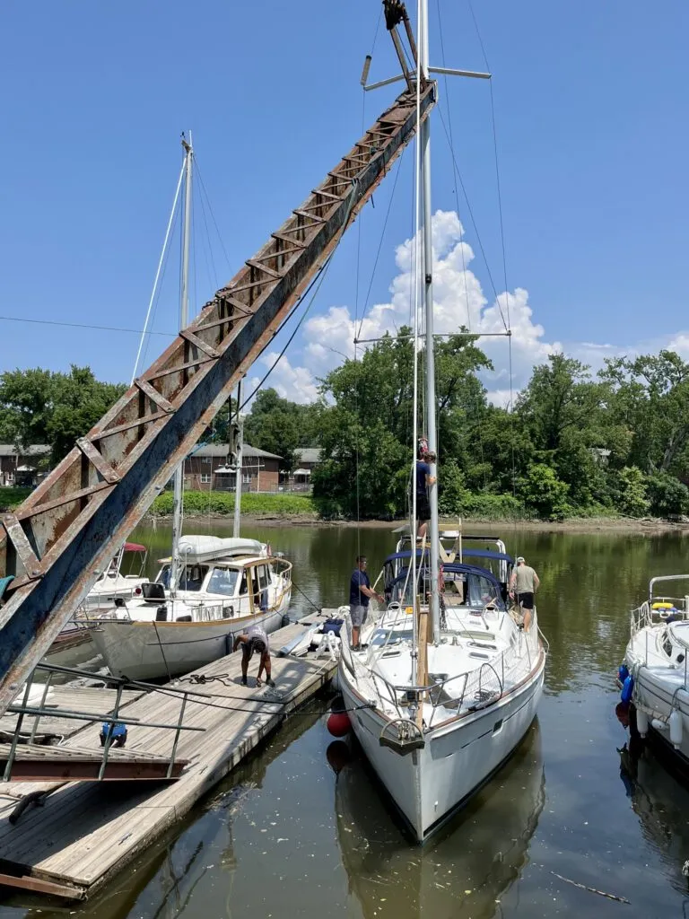 The Hop-O-Nose Marina in the Great Northern Catskills has a very old crane that is rumored to have been used in the construction of the Erie Canal. The crane and marina crew lowered Fika's mast so we could continue the Great Loop. (Photo/ Alison Major)