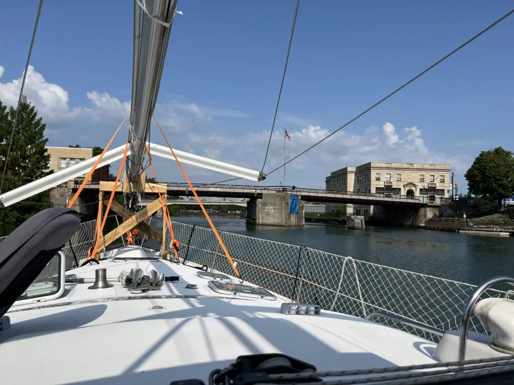 Right before we exited the Erie Canal, we transited through Tonawanda. These are the last few bridges we needed to pass under before we could put Fika's mast up again. (Photo/ Alison Major)