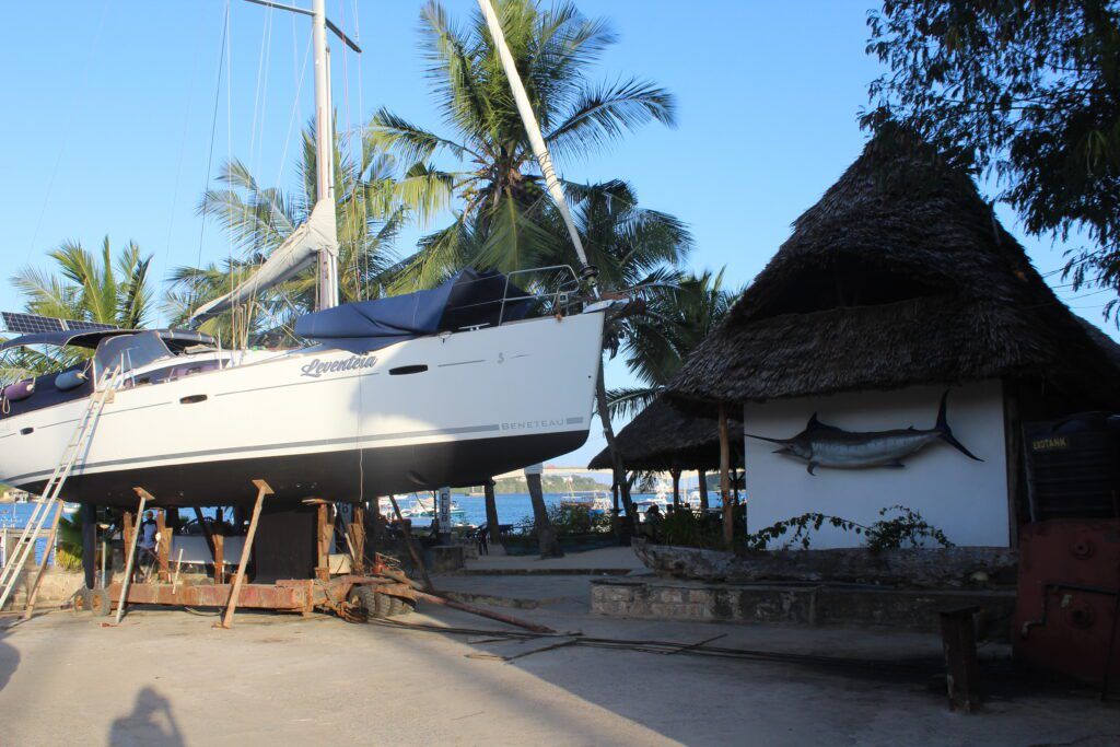 Beneteau Oceanis 43 haulout in Kilifi Creek, Kenya. We were hauled out for two weeks so we went on safari for five days. The work was supposed to be complete while we away, so the yard manager kindly let us stay at his house until we splashed. (Photo/ Brett Campbell)