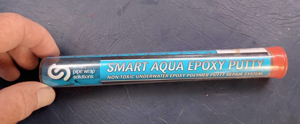 Smart Aqua Epoxy Putty is a two-part underwater putty in one tube. We like to carry two tubes at all times. The rudder repair used half a tube. (Photo/ Brett Campbell)