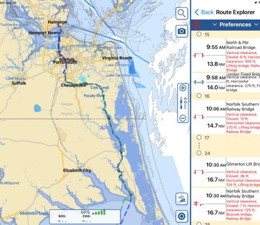 AquaMaps with Bob’s blue tracks and my green tracks at the start of the ICW with bridge arrival times. (Image/ Alex Jasper)