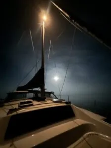 At anchor in a foggy salt marsh at moon rise. (Photo/ Alex Jasper)