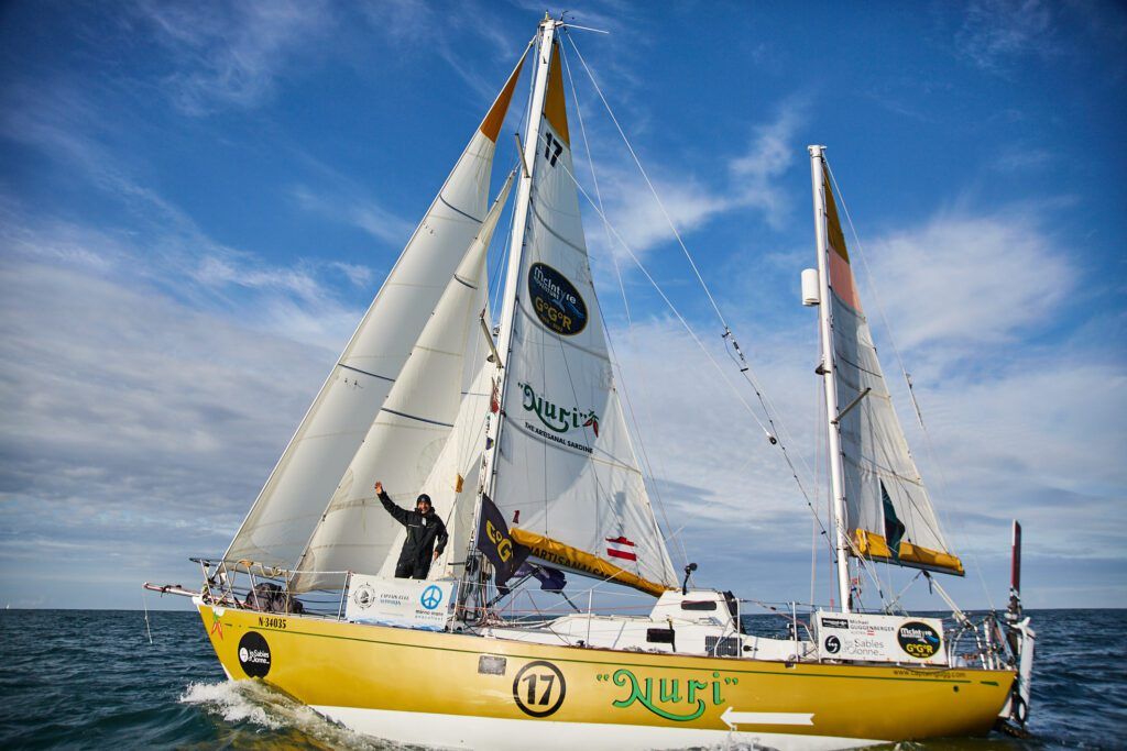 After 249 days at sea, Michael Guggenberger finished the Golden Globe race in Les Sables-d'Olonne as third out of 16 sailors on 12 May 2023.(Photo/ Petra Rautenstrauch)