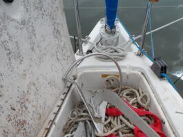 We like going one size over what is often recommended for smaller boats. The advantages are a.Less stretch. Nylon can be too stretchy, but polyester not stretchy enough. One size over can be a Goldilocks answer. b.Better wear resistance. Because we like using short chain when hand-hauling, we cover the first 10 feet with a webbing chafe guard. This is very cut resistant, because unlike the rope inside, it is floating and not under tension. c. Better grip. ⅜-in. is pretty hard to grab with the wind is up. ½-in. fits our hands better. (Photo/ Drew Frye)