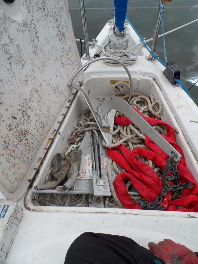 We like going one size over what is often recommended for smaller boats. The advantages are a.Less stretch. Nylon can be too stretchy, but polyester not stretchy enough. One size over can be a Goldilocks answer. b.Better wear resistance. Because we like using short chain when hand-hauling, we cover the first 10 feet with a webbing chafe guard. This is very cut resistant, because unlike the rope inside, it is floating and not under tension. c. Better grip. ⅜-in. is pretty hard to grab with the wind is up. ½-in. fits our hands better. (Photo/ Drew Frye)