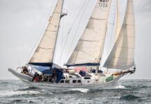 Moon River, a 1979 New Zealand designed and built Herreshoff Mobjack ketch. It was designed and built to Lloyd's standards and kept in survey until the early 2000s.