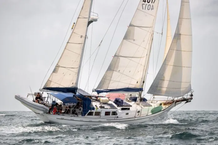 Moon River, a 1979 New Zealand designed and built Herreshoff Mobjack ketch. It was designed and built to Lloyd's standards and kept in survey until the early 2000s.