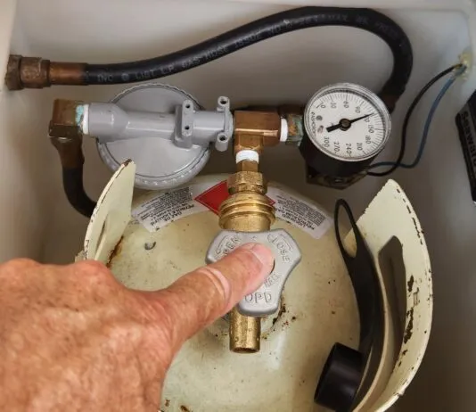 Propane tank valve and pressure gauge. Since a propane leak can be catastrophic, make sure to schedule in a propane tank and fitting check into your maintenance calendar. (Photo/ Marc Robic)