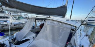 Multiple cockpit enclosures were essential to make the cockpit comfortable in varying conditions. These shade flaps helped to keep temperatures down. Alex made them in a marina while waiting for a storm to pass. (Photo/ Alex Jasper)