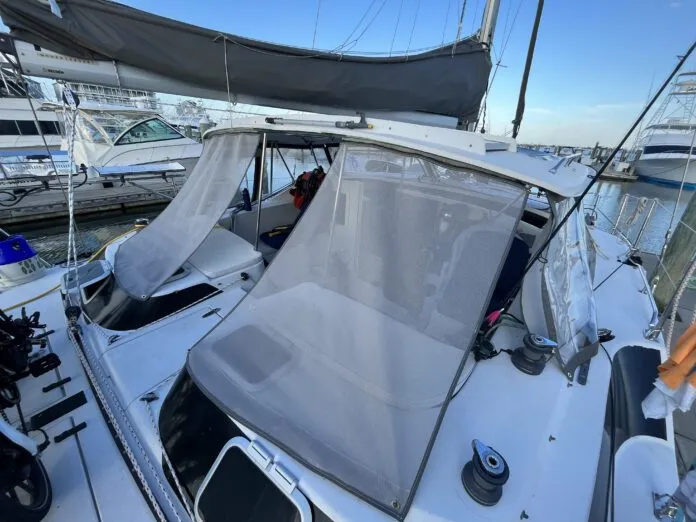 Multiple cockpit enclosures were essential to make the cockpit comfortable in varying conditions. These shade flaps helped to keep temperatures down. Alex made them in a marina while waiting for a storm to pass. (Photo/ Alex Jasper)