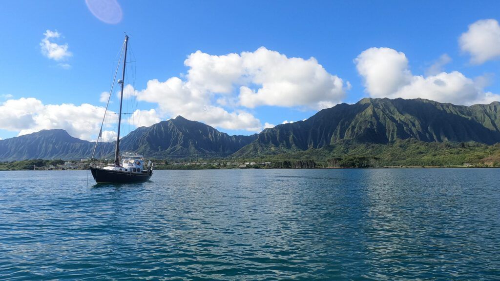 Triteia in Hawaii. The passage to Hawaii took 32 days because James lost all steering 1000 miles from Hawaii. You can learn more about how he dealt with that situation here: <a href="https://youtu.be/1AZXXKj0p0s">https://youtu.be/1AZXXKj0p0s</a> The cost per day for Triteia at the Ala Wai (a state harbor) was $18 a day + $10 a day for liveaboard = $28 a day for a 30-ft. boat in 2021. (Photo/ James Frederick)