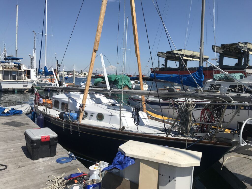 James replaced the original mast with a completely rebuilt mast more suited for ocean sailing. He built this custom wood A-frame for mast stepping and destepping. (Photo/ James Frederick)