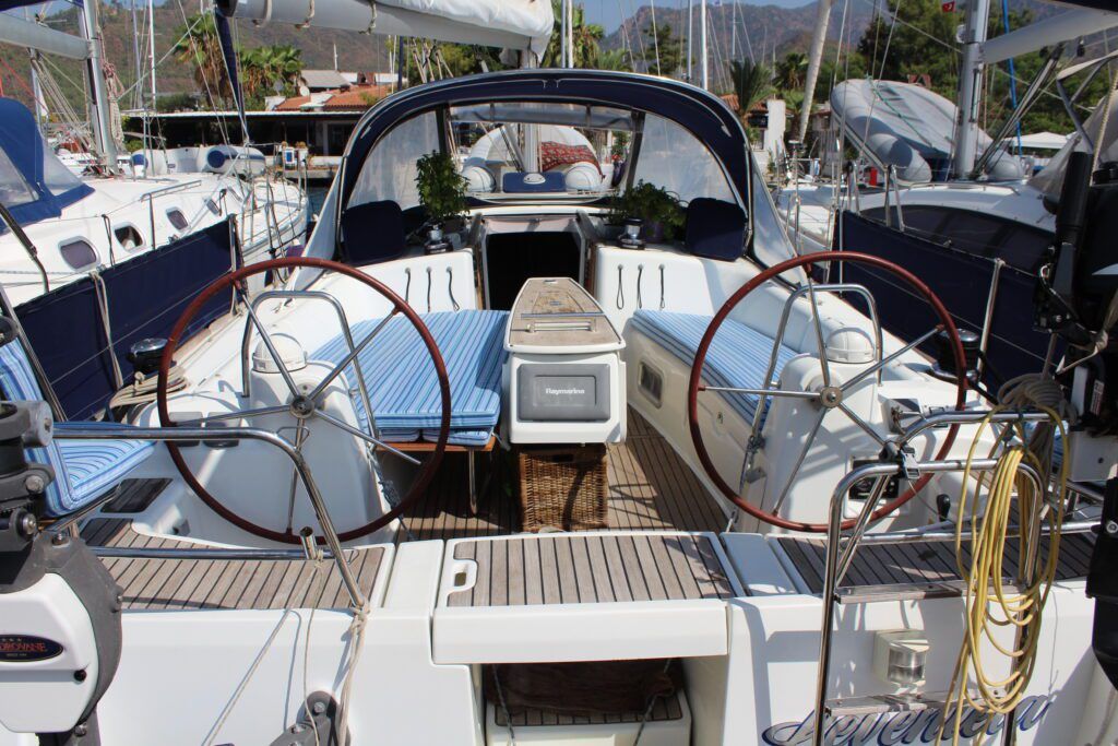 When we were in Turkey we re-upholstered the whole boat. We chose this Sunbrella fabric, and the guy in Marmaris who we used sewed the covers for our existing fold-up "Captain's chairs." (Photo/ Brett Campbell) 