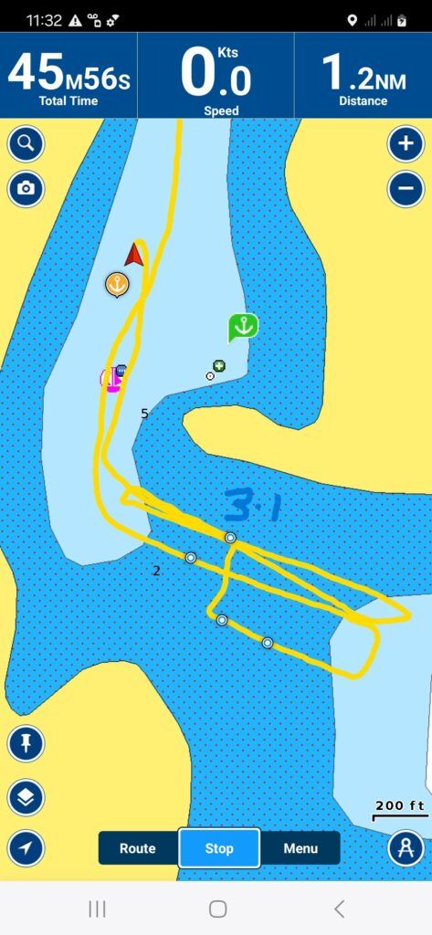 Dinghy tracks showing route with minimum depth of 3.1 m (10.2 ft.). We used two smart phones for the mapping—one had Navionics open for the tracks, and the second had the Deeper Fish Finder's depth readout. The combination of the two worked well for us. The Deeper floats, so we simply tied it over the side of the dinghy and motored at about 3 or 4 knots. (Image/ Brett Campbell)