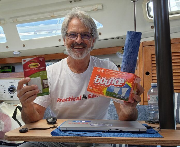 Affordable products that you can find beyond the chandlery help make boat life more comfortable. Velcro strips, Bounce dryer sheets, LED pool lights and anti-skid material are all small fixes that have a big impact. (Photo/ Marc Robic)