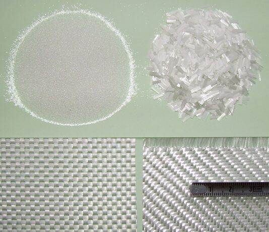 Examples of glass filler (microspheres) and glass material (cut fibers and two fabrics) for plastics reinforcement: glass microspheres (or glass beads); diameter: about 300 µm, specific gravity: 2.5. Mineral filler mainly used to increase the stiffness of a thermoset resin and to make road safety markings; 5 mm length chopped strands of fiberglass used to reinforce thermoset resins; fibrous reinforcements for thermoset resins: two glass fabrics with different area density; fiber orientation: 0 and 90° (most common): weave pattern: taffeta (down left, area density: 550 g/m2), and 2x2 twill (down right, area density: 280 g/m2). Credit: WikiCommons/CC BY-SA 3.0