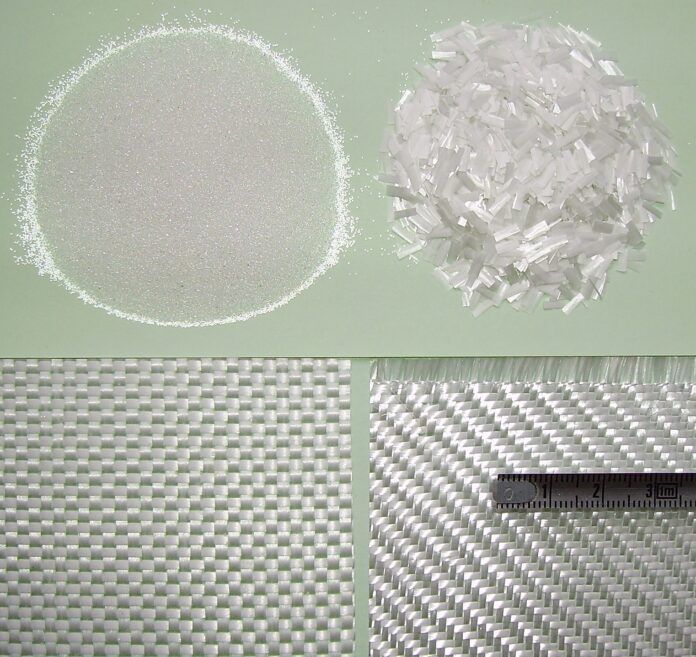 Examples of glass filler (microspheres) and glass material (cut fibers and two fabrics) for plastics reinforcement: glass microspheres (or glass beads); diameter: about 300 µm, specific gravity: 2.5. Mineral filler mainly used to increase the stiffness of a thermoset resin and to make road safety markings; 5 mm length chopped strands of fiberglass used to reinforce thermoset resins; fibrous reinforcements for thermoset resins: two glass fabrics with different area density; fiber orientation: 0 and 90° (most common): weave pattern: taffeta (down left, area density: 550 g/m2), and 2x2 twill (down right, area density: 280 g/m2). Credit: WikiCommons/CC BY-SA 3.0