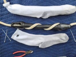 Mooring line with shock absorbers and sock sleeves. Plain, white socks keep the shock absorbers from marking your hull. (Photo/ Marc Robic)