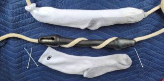 Mooring line with shock absorbers and sock sleeves. Plain, white socks keep the shock absorbers from marking your hull. (Photo/ Marc Robic)