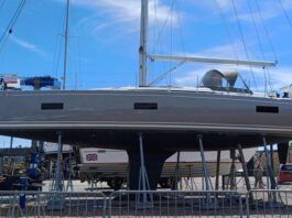 Beneteau First 44. A modern wide stern boat with a deep narrow fin and bulb plus twin rudders. Note the very shallow hulls as well. This design epitomizes the modern fast "cruiser" and draws heavily from racing designs. (Photo courtesy of Boats.com)