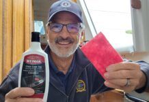 With Weiman Glass Cooktop Cleaner and a red Scotch-Brite pad, the author restored yellowed gelcoat in the cockpit to a near-new white shine. (Photo/ Marc Robic)