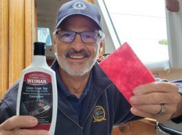 With Weiman Glass Cooktop Cleaner and a red Scotch-Brite pad, the author restored yellowed gelcoat in the cockpit to a near-new white shine. (Photo/ Marc Robic)