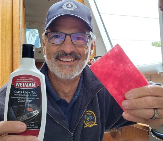 With Weiman Glass Cooktop Cleaner and a red Scotch-Brite pad, the author restored yellowed gelcoat in the cockpit to a near-new white shine. (Photo/ Marc Robic)