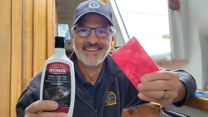 With Weiman Glass Cooktop Cleaner and a red Scotch-Brite pad, the author restored yellowed gelcoat in the cockpit to a near-new white shine. (Photo/ Marc Robic)