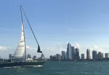 A Sabre 38 Mk I on a classic Chicago windy day in early June. One reef in the main and a fully furled genoa kept her balanced. (Photo/ Nick Van Antwerp)