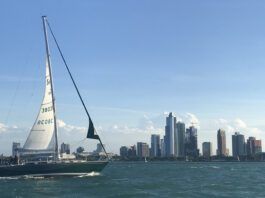 A Sabre 38 Mk I on a classic Chicago windy day in early June. One reef in the main and a fully furled genoa kept her balanced. (Photo/ Nick Van Antwerp)