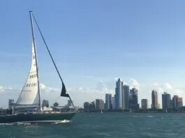 A Sabre 38 Mk I on a classic Chicago windy day in early June. One reef in the main and a fully furled genoa kept her balanced. (Photo/ Nick Van Antwerp)