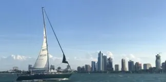 A Sabre 38 Mk I on a classic Chicago windy day in early June. One reef in the main and a fully furled genoa kept her balanced. (Photo/ Nick Van Antwerp)